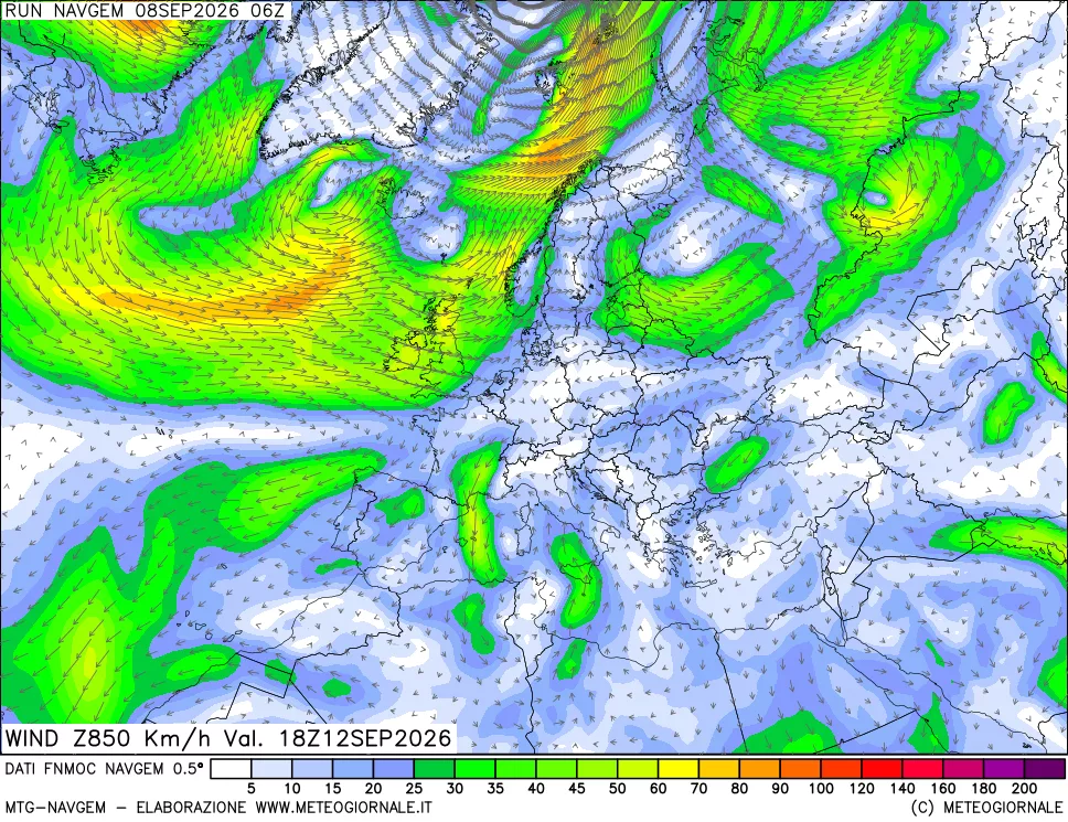 mappa Direzione e forza del vento a 850hPa