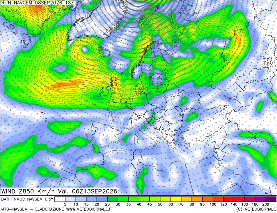 mappa Direzione e forza del vento a 850hPa