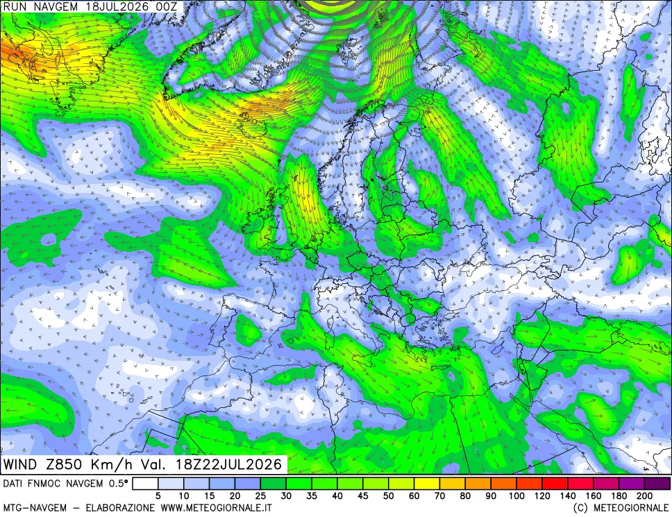 mappa Direzione e forza del vento a 850hPa