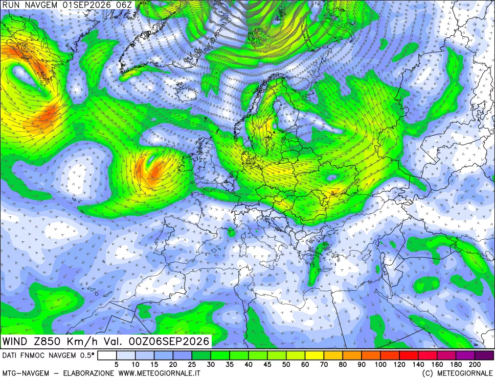 mappa Direzione e forza del vento a 850hPa