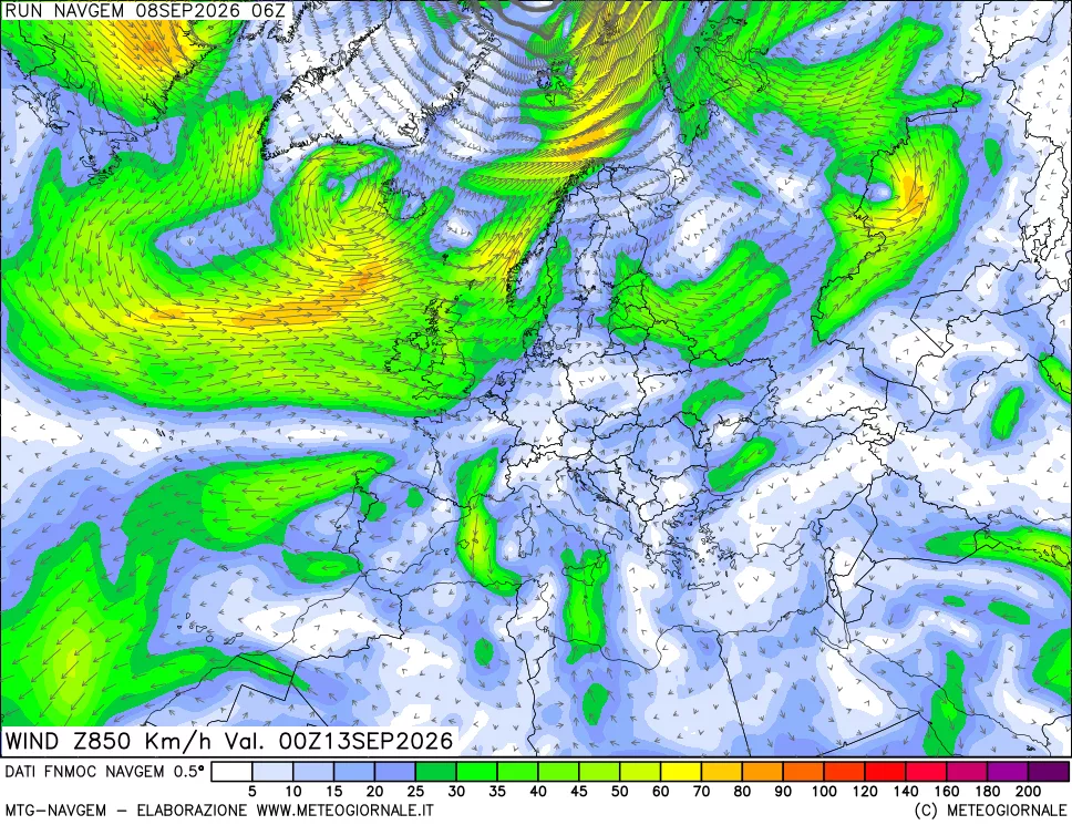 mappa Direzione e forza del vento a 850hPa