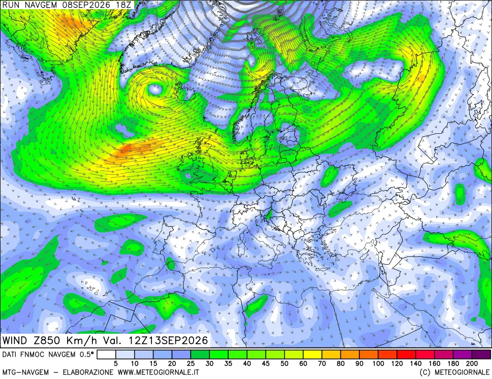 mappa Direzione e forza del vento a 850hPa