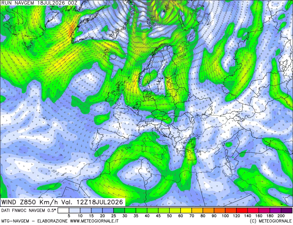 mappa Direzione e forza del vento a 850hPa