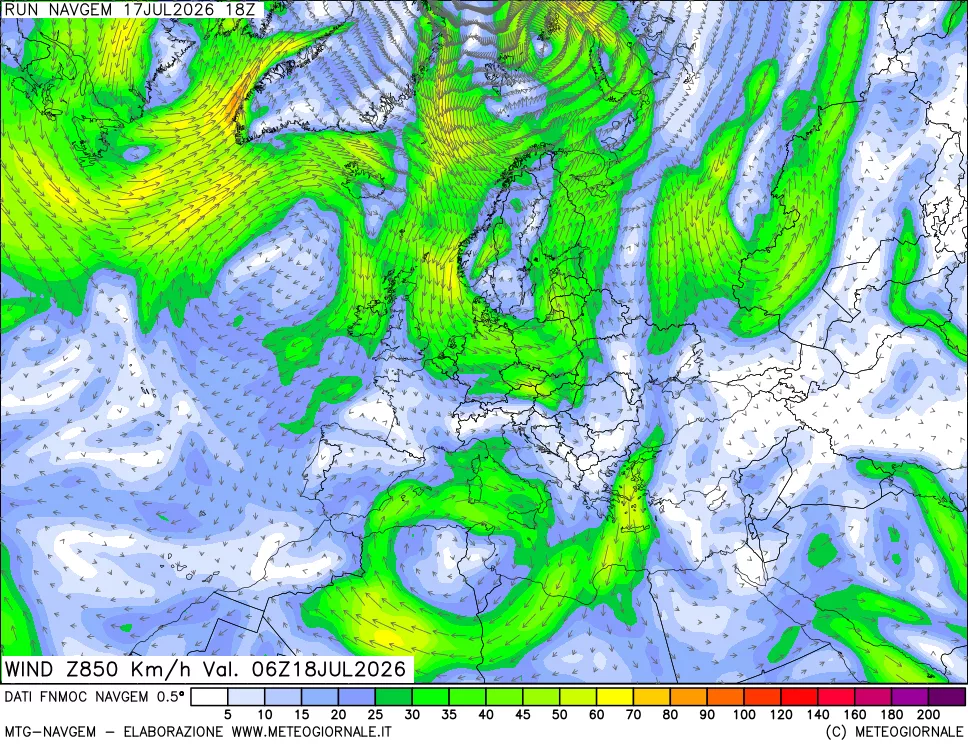 mappa Direzione e forza del vento a 850hPa