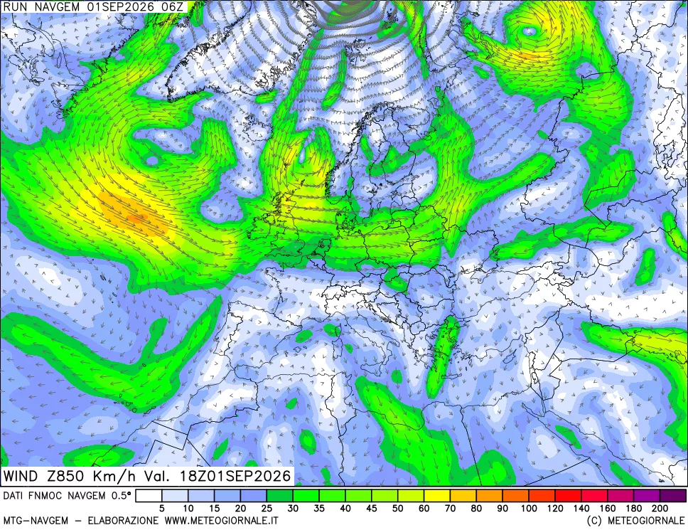 mappa Direzione e forza del vento a 850hPa