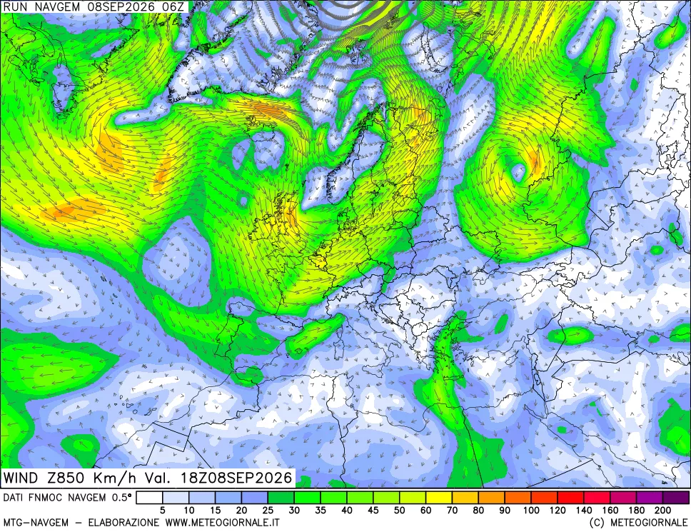 mappa Direzione e forza del vento a 850hPa