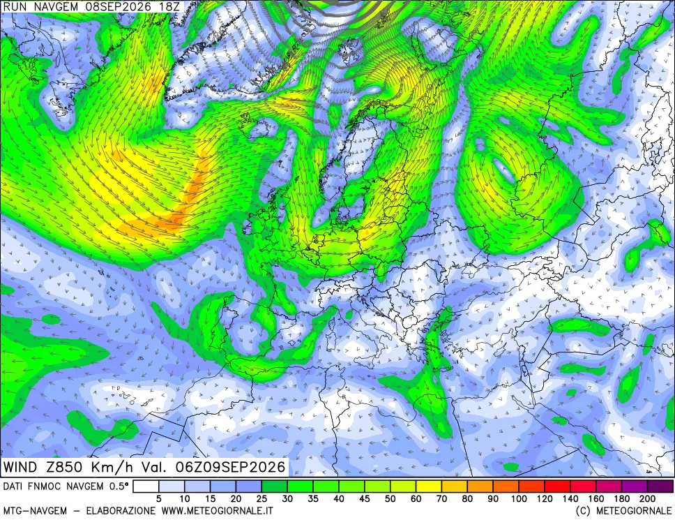 mappa Direzione e forza del vento a 850hPa