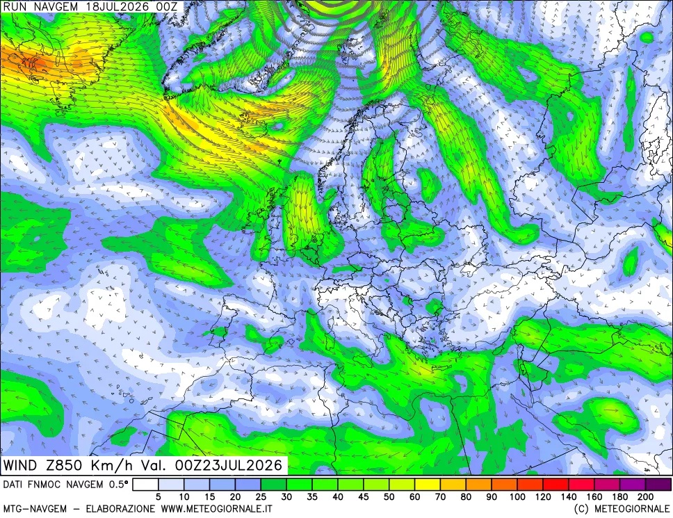 mappa Direzione e forza del vento a 850hPa