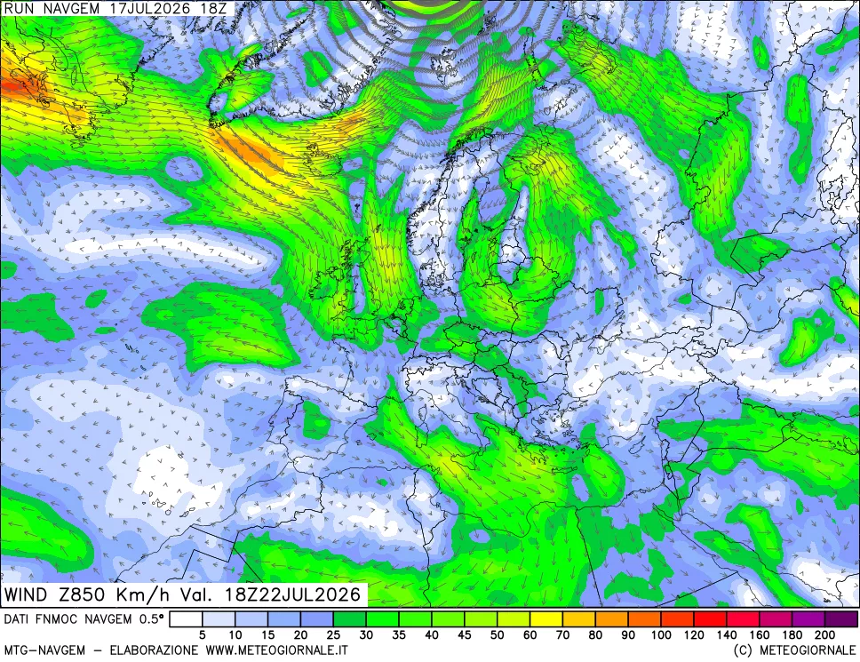 mappa Direzione e forza del vento a 850hPa
