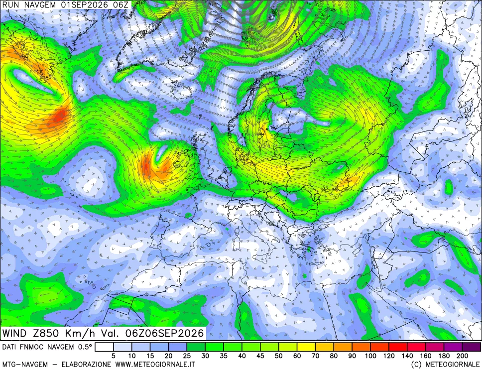 mappa Direzione e forza del vento a 850hPa