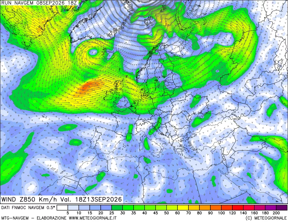 mappa Direzione e forza del vento a 850hPa