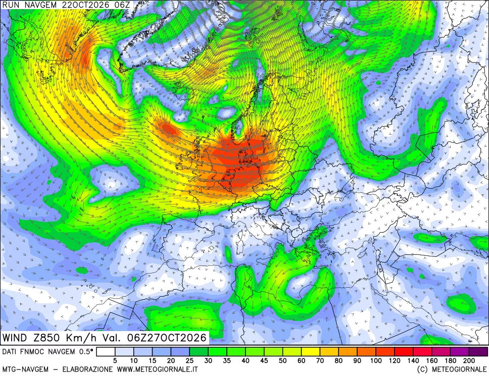 mappa Direzione e forza del vento a 850hPa