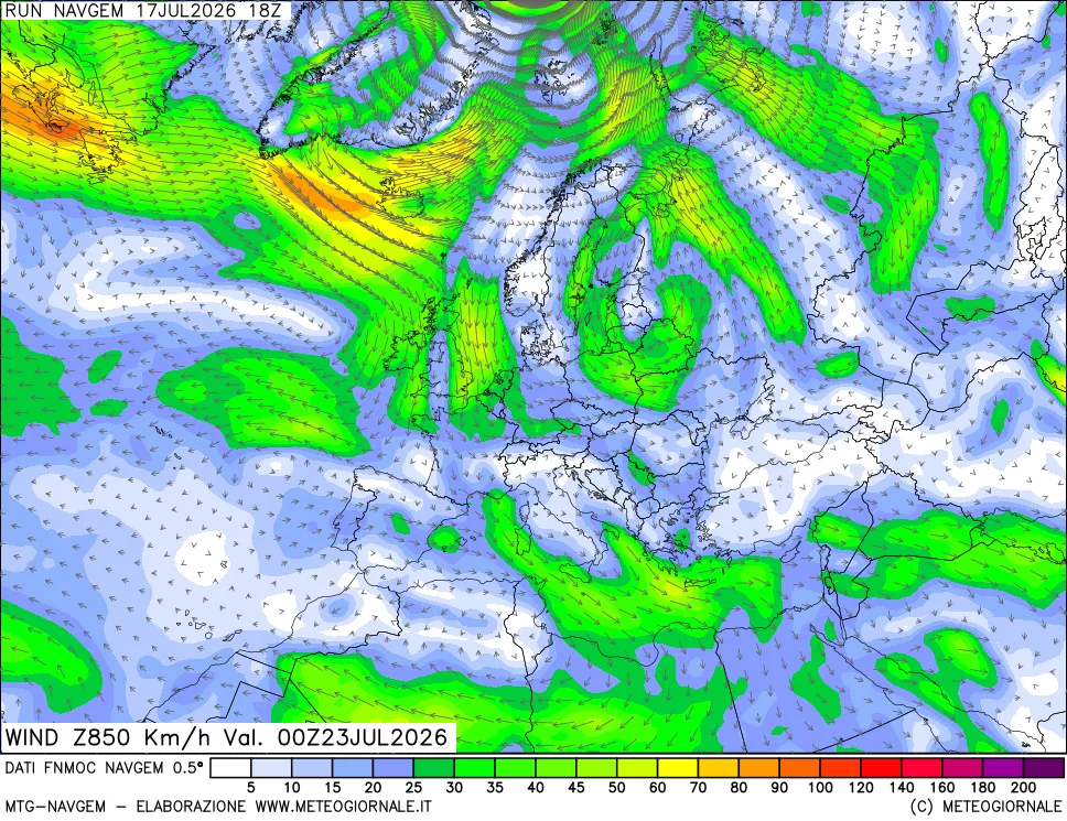 mappa Direzione e forza del vento a 850hPa