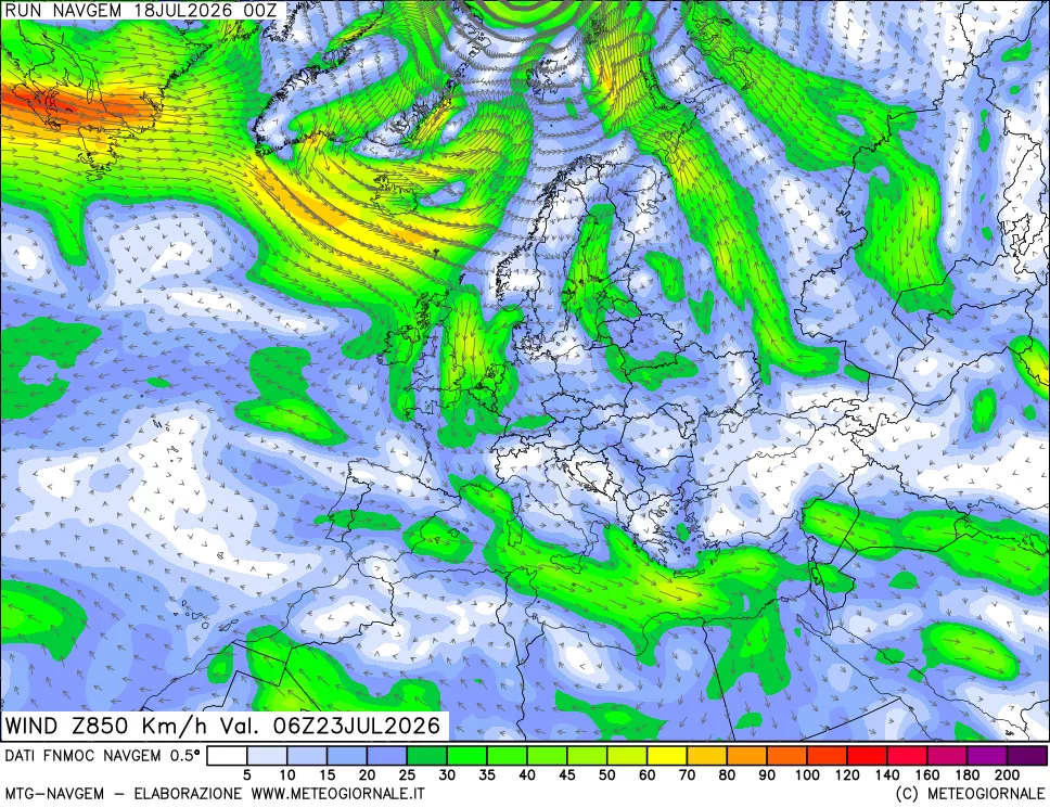 mappa Direzione e forza del vento a 850hPa