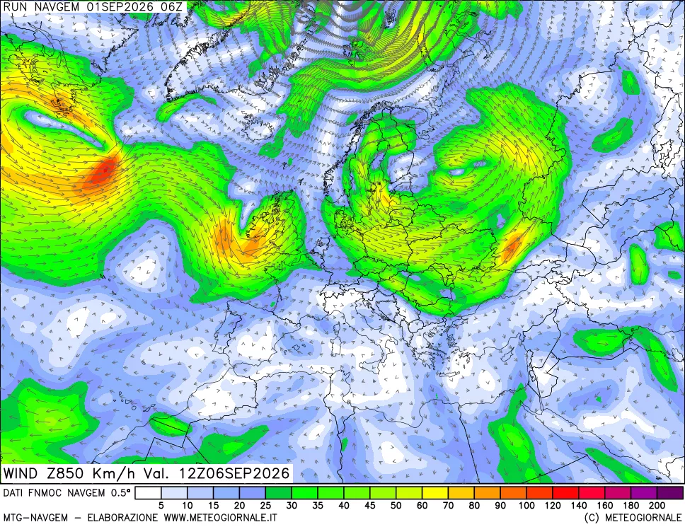 mappa Direzione e forza del vento a 850hPa
