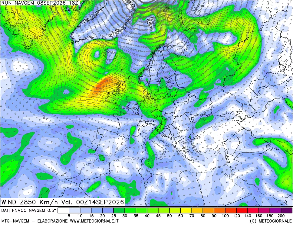 mappa Direzione e forza del vento a 850hPa