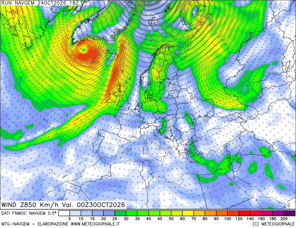 mappa Direzione e forza del vento a 850hPa