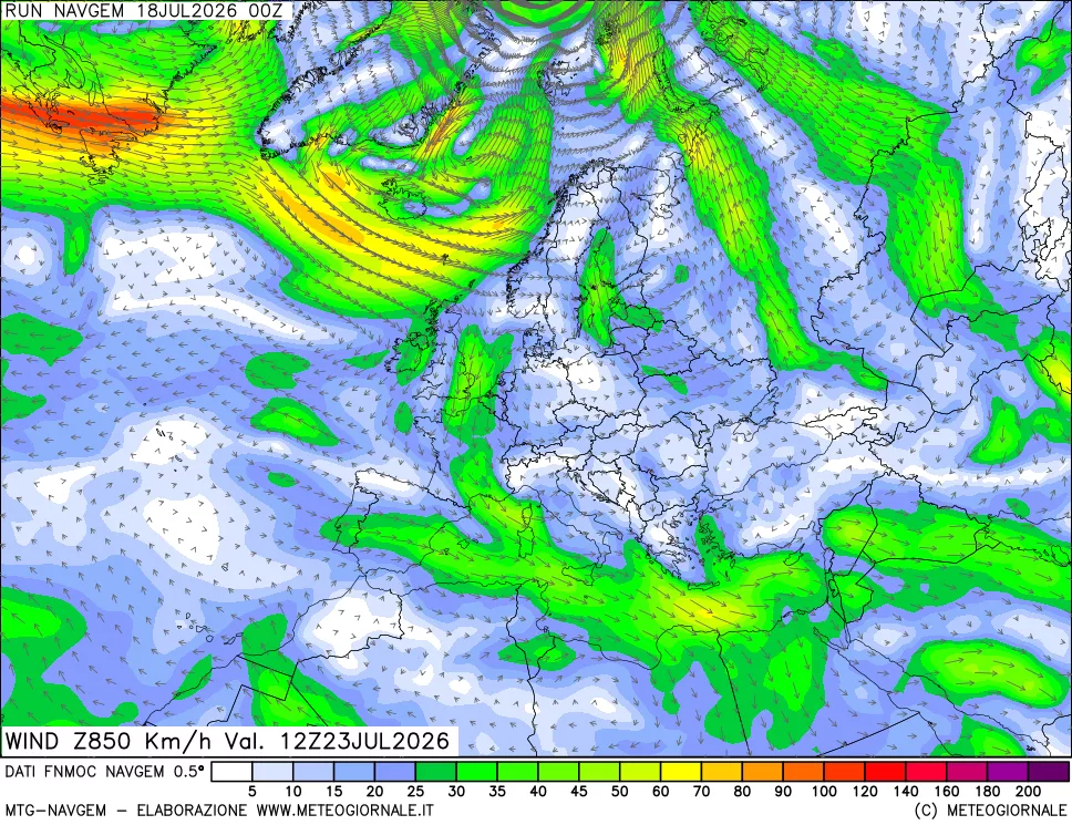 mappa Direzione e forza del vento a 850hPa