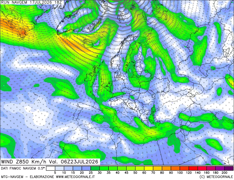 mappa Direzione e forza del vento a 850hPa