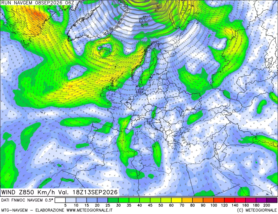 mappa Direzione e forza del vento a 850hPa
