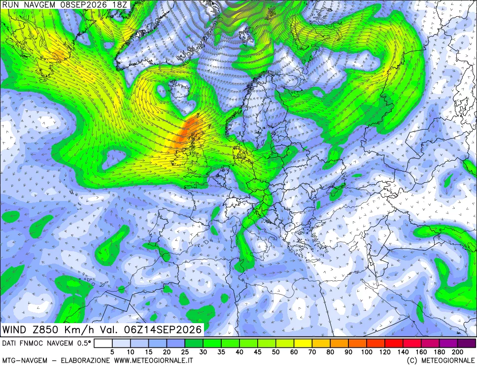 mappa Direzione e forza del vento a 850hPa