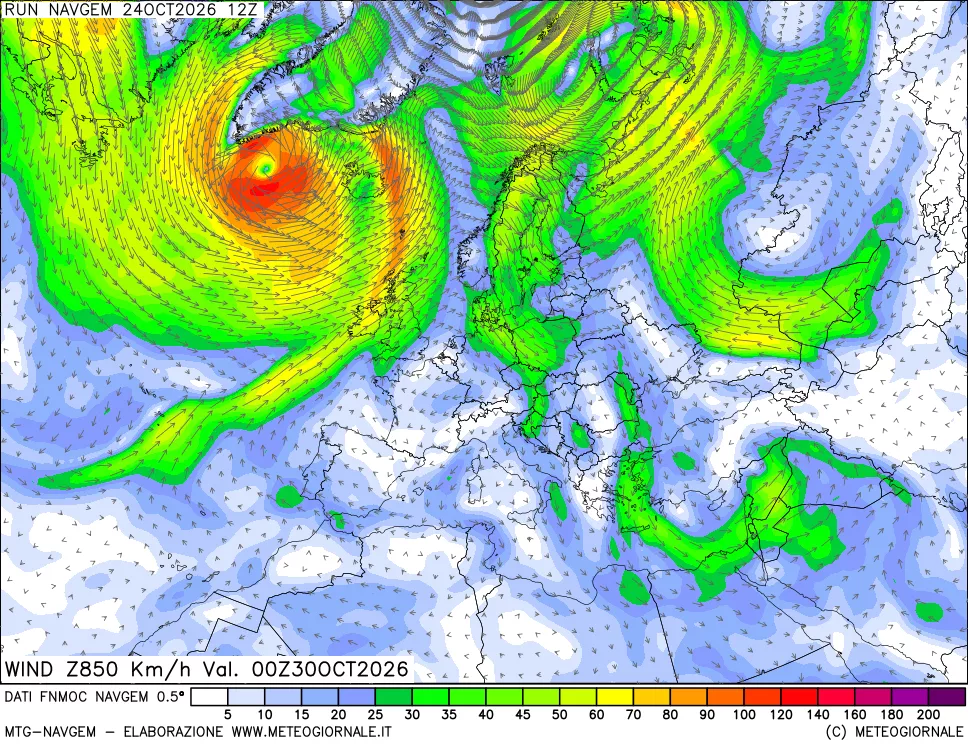 mappa Direzione e forza del vento a 850hPa