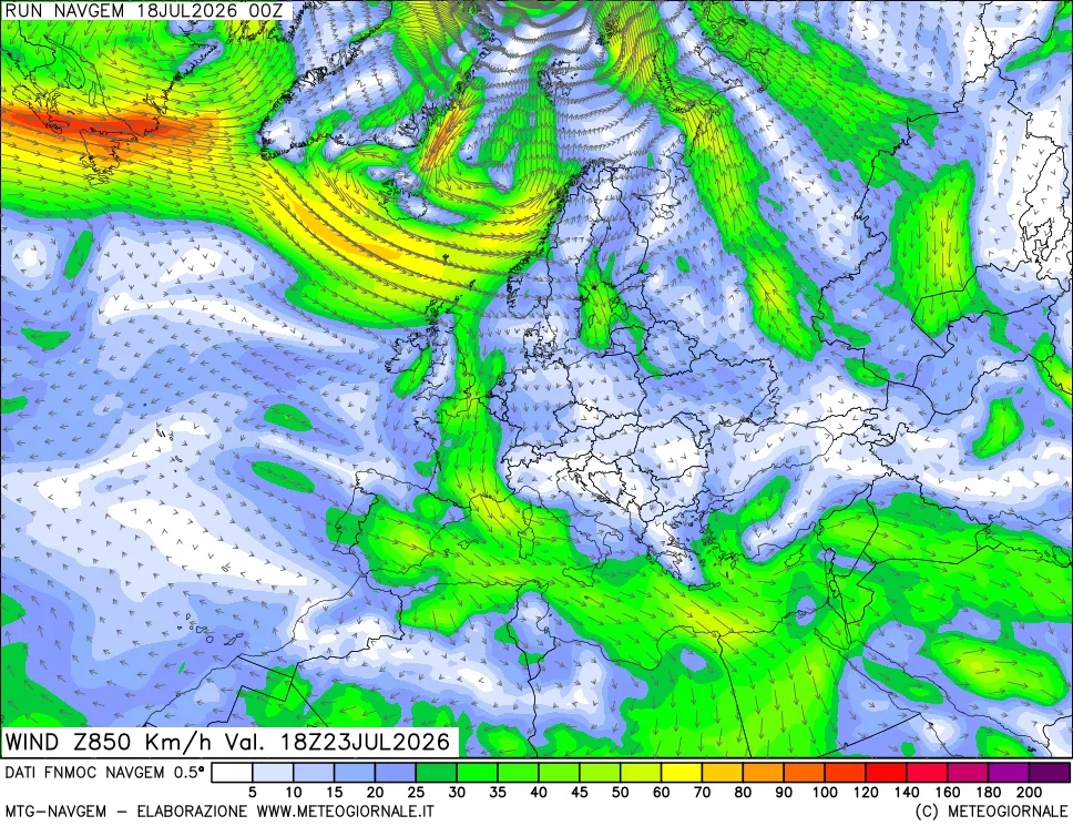mappa Direzione e forza del vento a 850hPa