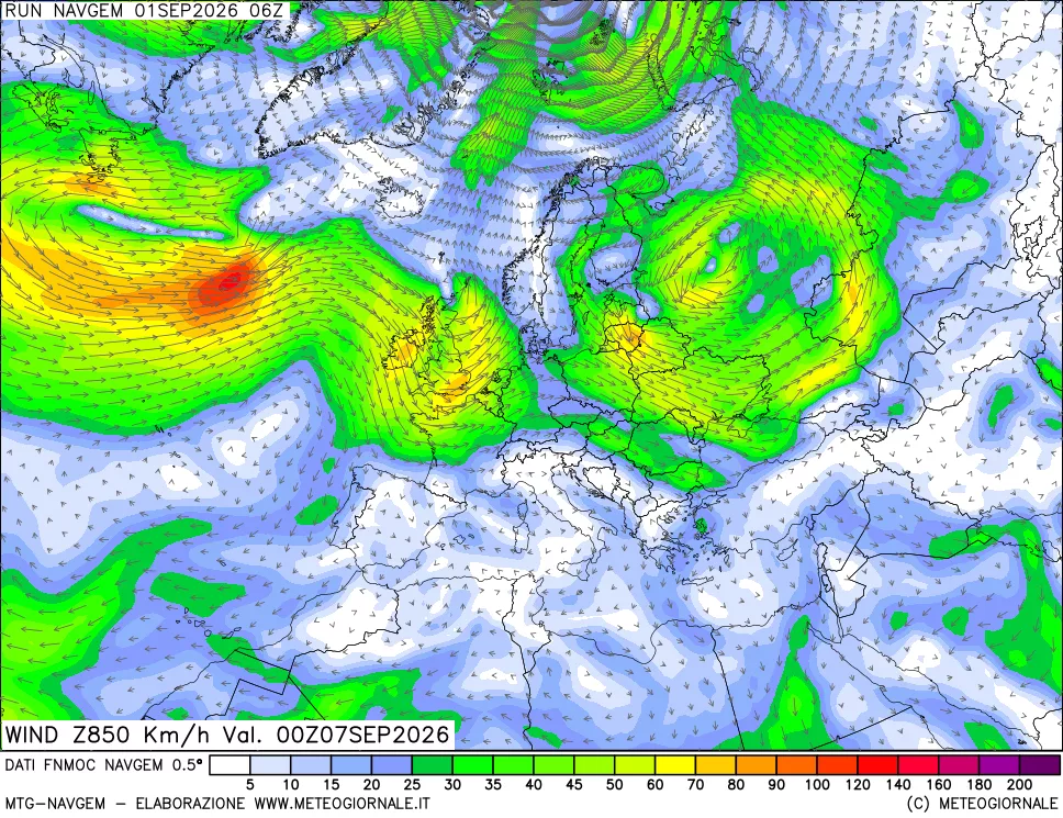 mappa Direzione e forza del vento a 850hPa