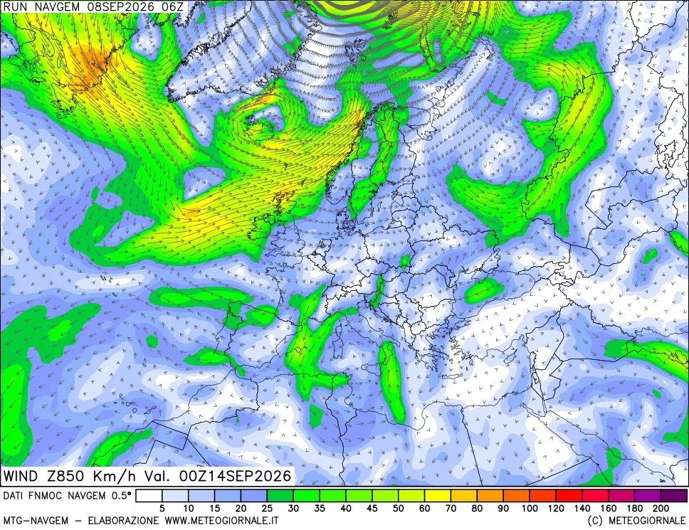 mappa Direzione e forza del vento a 850hPa