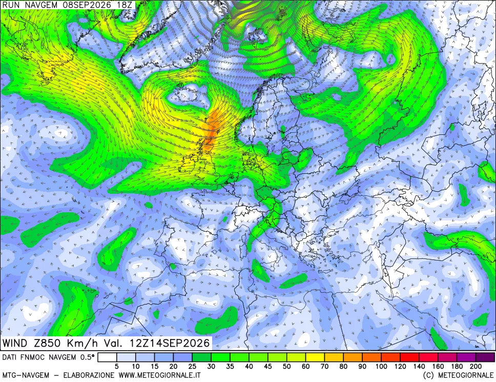 mappa Direzione e forza del vento a 850hPa