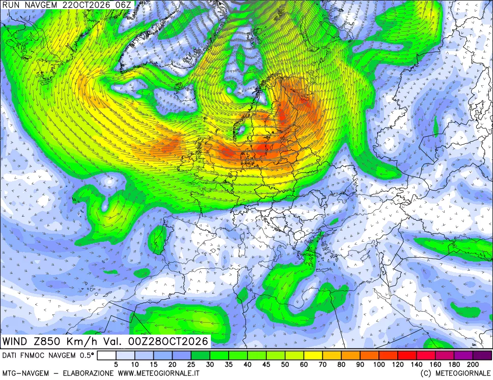 mappa Direzione e forza del vento a 850hPa