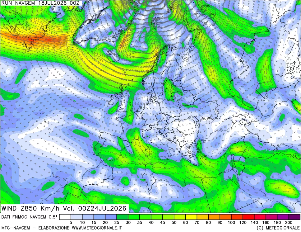 mappa Direzione e forza del vento a 850hPa