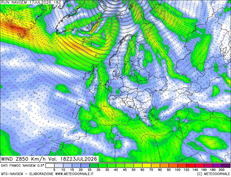 mappa Direzione e forza del vento a 850hPa