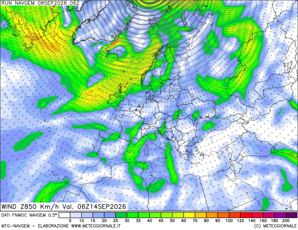 mappa Direzione e forza del vento a 850hPa