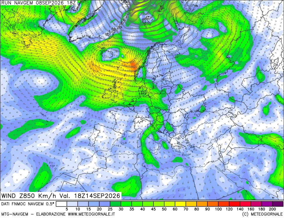 mappa Direzione e forza del vento a 850hPa