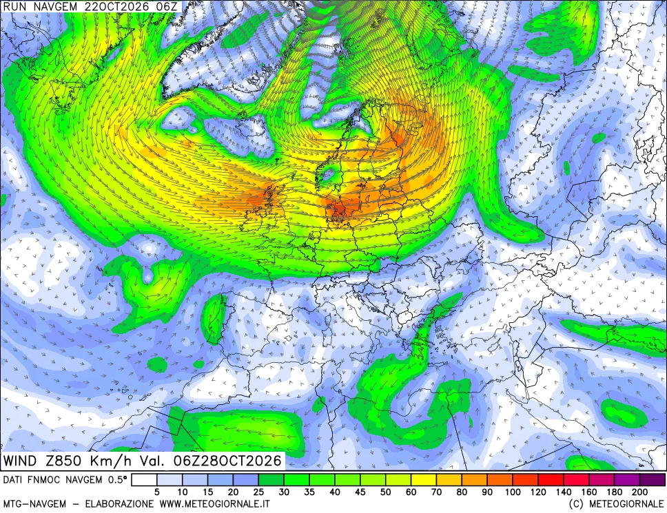 mappa Direzione e forza del vento a 850hPa