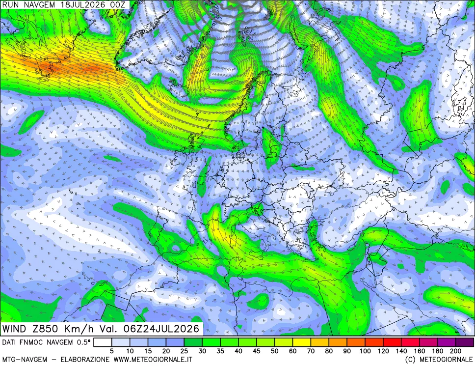 mappa Direzione e forza del vento a 850hPa