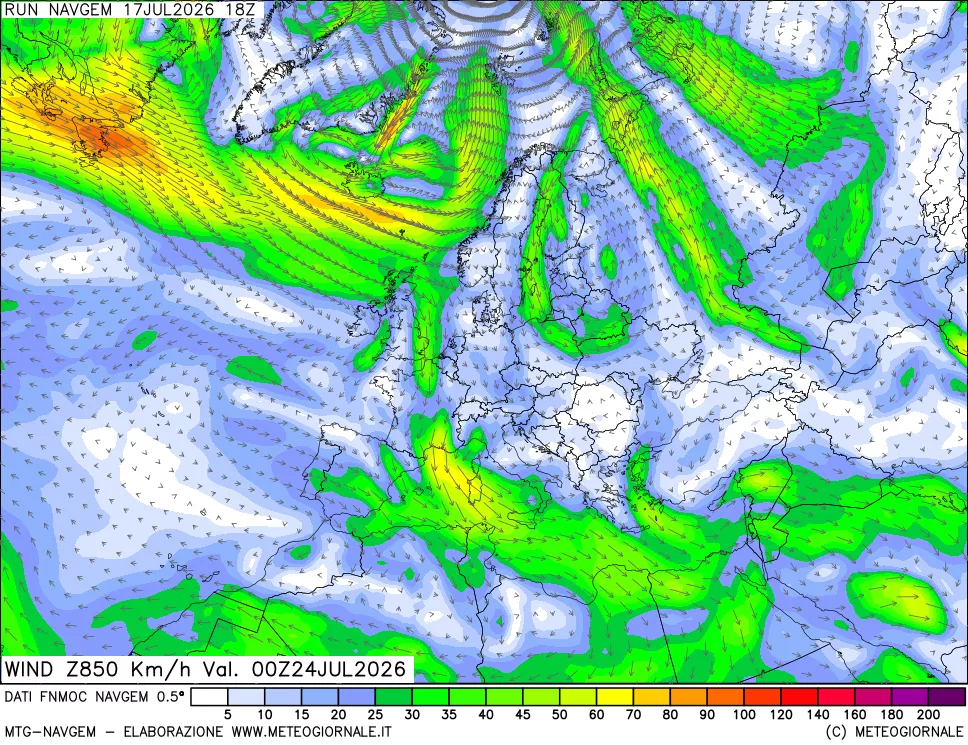 mappa Direzione e forza del vento a 850hPa