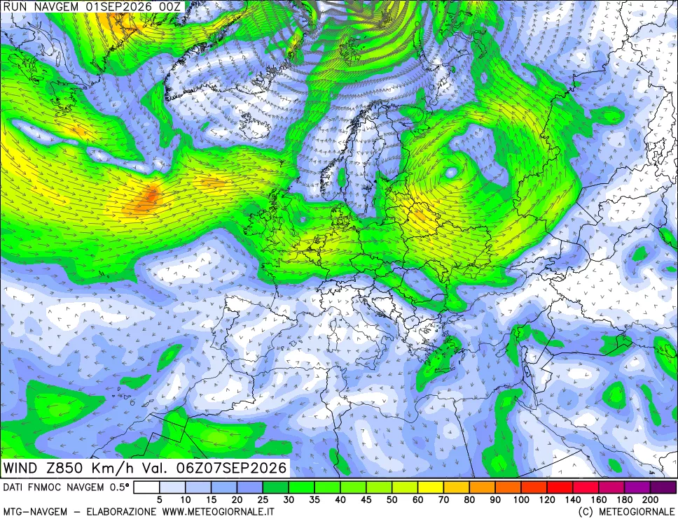 mappa Direzione e forza del vento a 850hPa