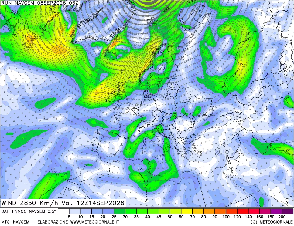 mappa Direzione e forza del vento a 850hPa