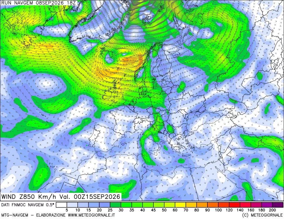 mappa Direzione e forza del vento a 850hPa