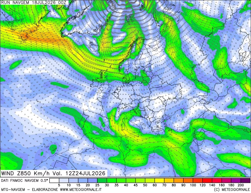 mappa Direzione e forza del vento a 850hPa