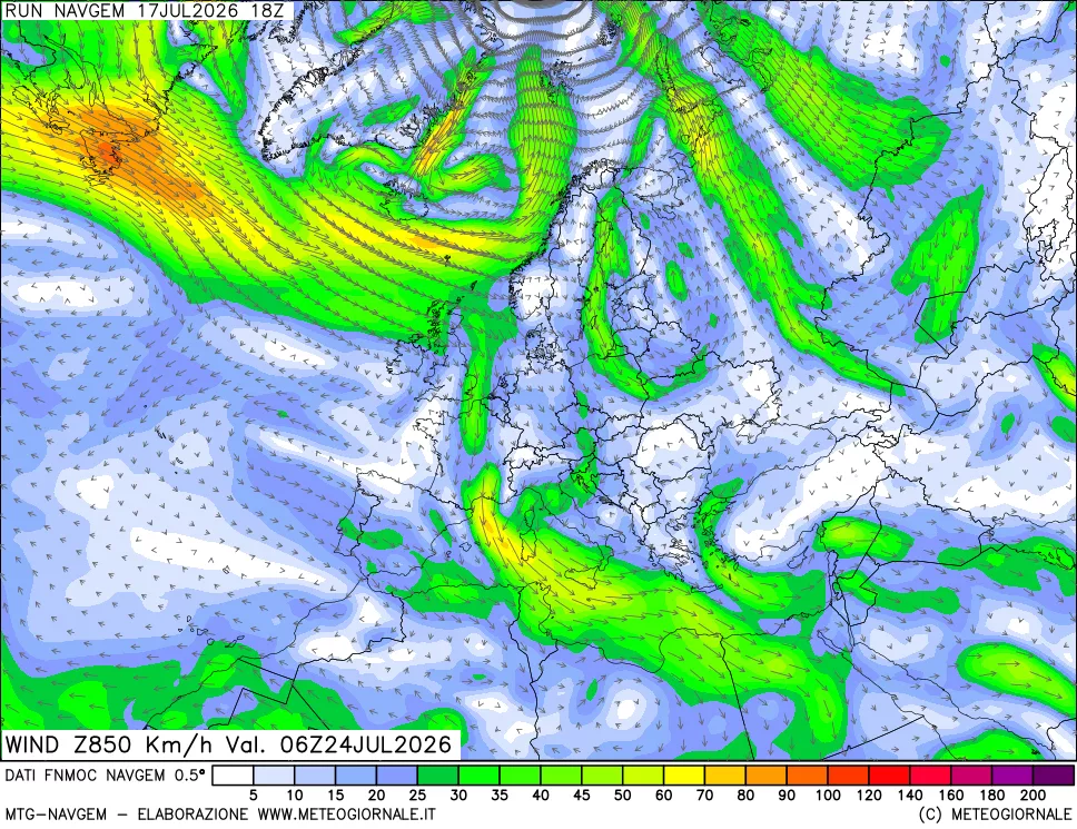 mappa Direzione e forza del vento a 850hPa