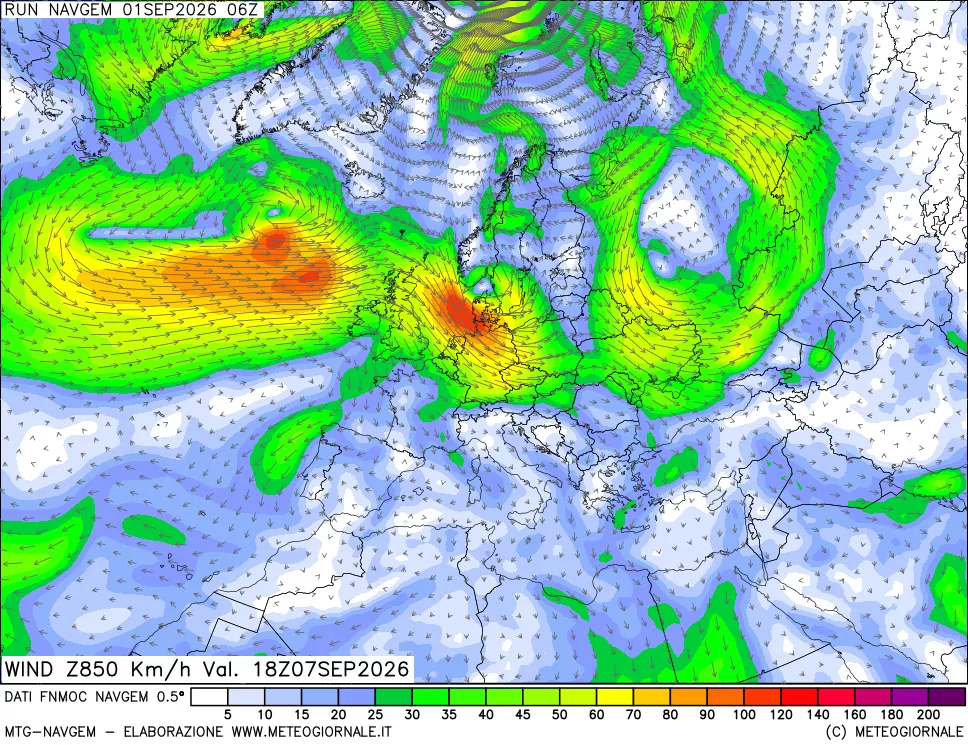mappa Direzione e forza del vento a 850hPa
