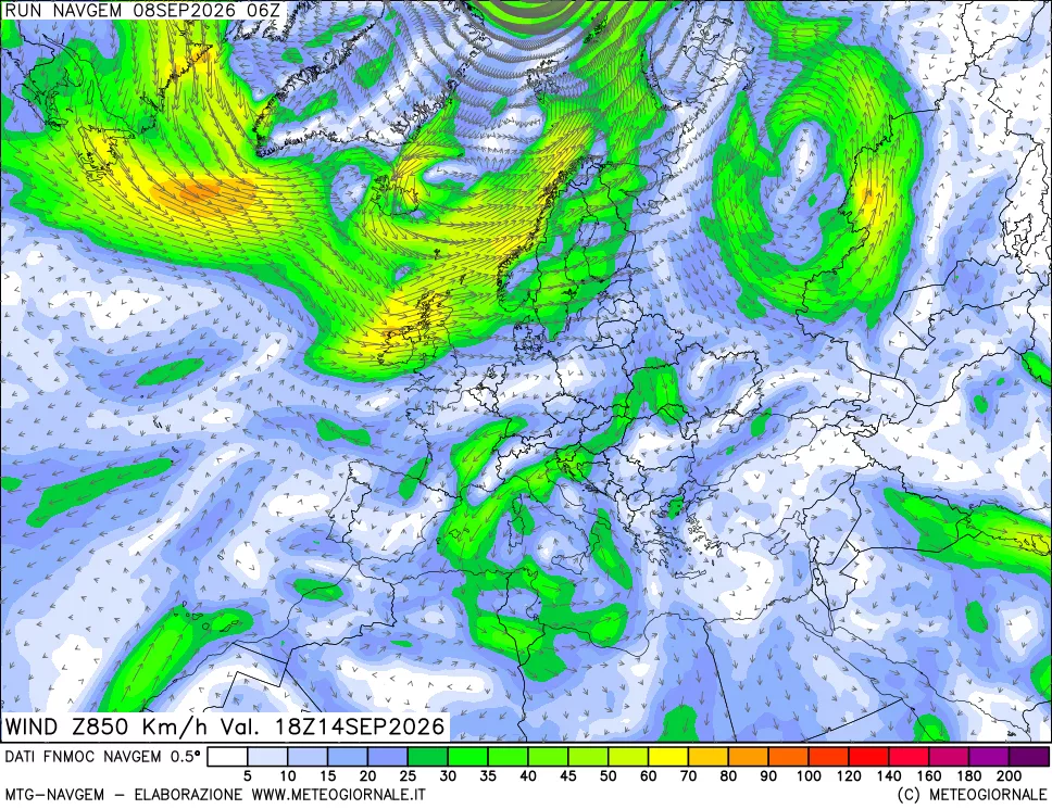 mappa Direzione e forza del vento a 850hPa
