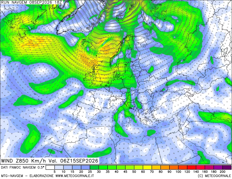 mappa Direzione e forza del vento a 850hPa