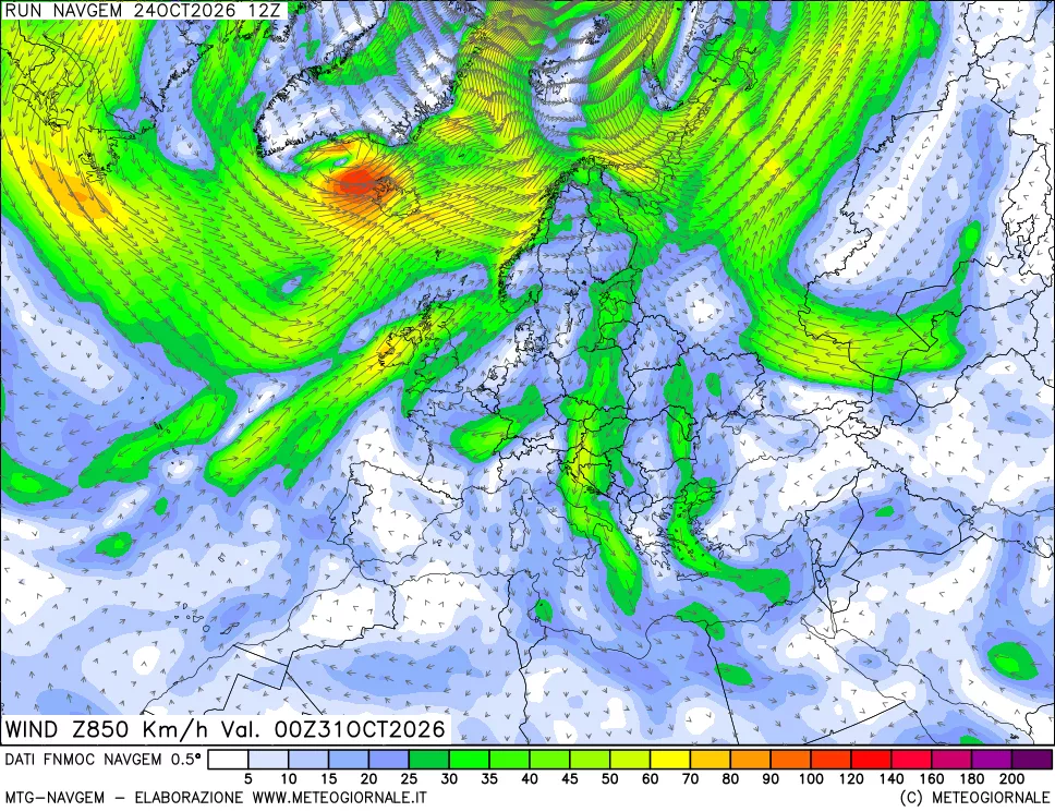 mappa Direzione e forza del vento a 850hPa