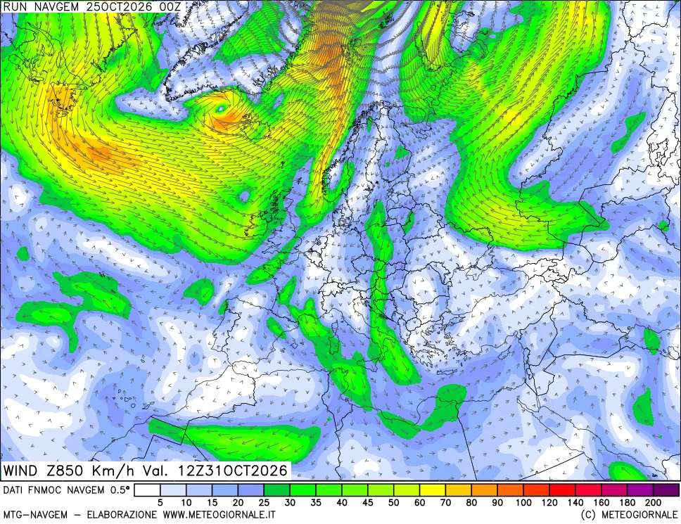 mappa Direzione e forza del vento a 850hPa