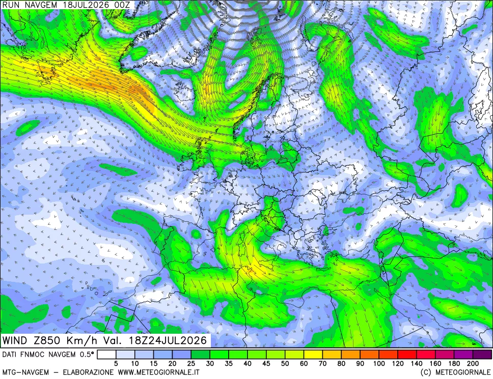mappa Direzione e forza del vento a 850hPa