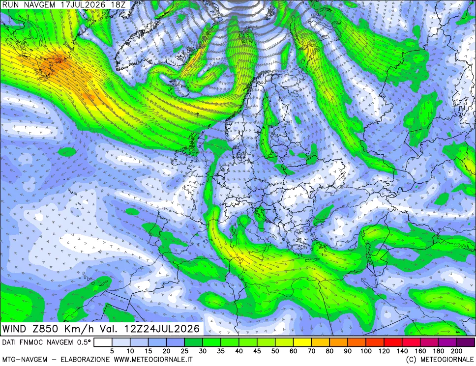 mappa Direzione e forza del vento a 850hPa